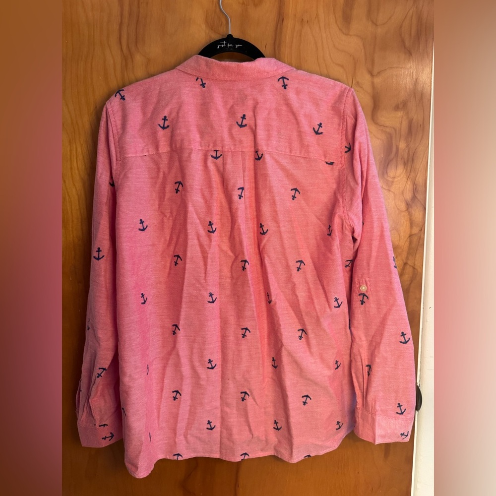 ✨Bass Women’s Large Coral Button-Down Shirt with Navy Anchor Print | EUC - Picture 4 of 7